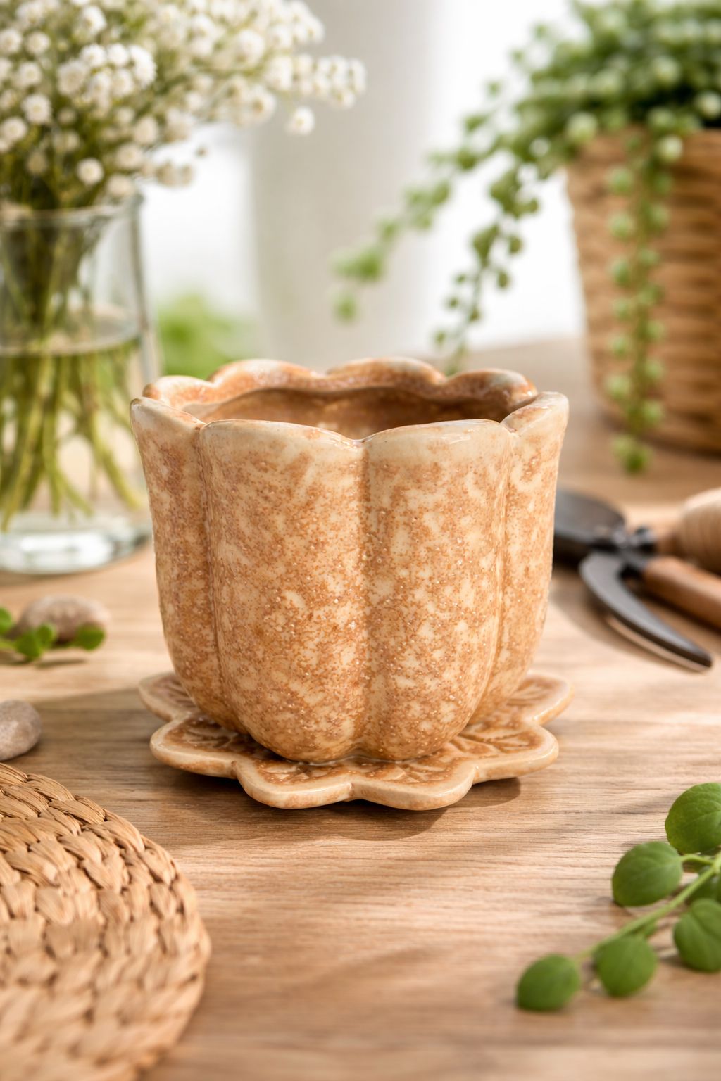 اصيص سيراميك فاخر مع صحن ملون حجم صغير مقاس 12.3*12.3*9.5سم